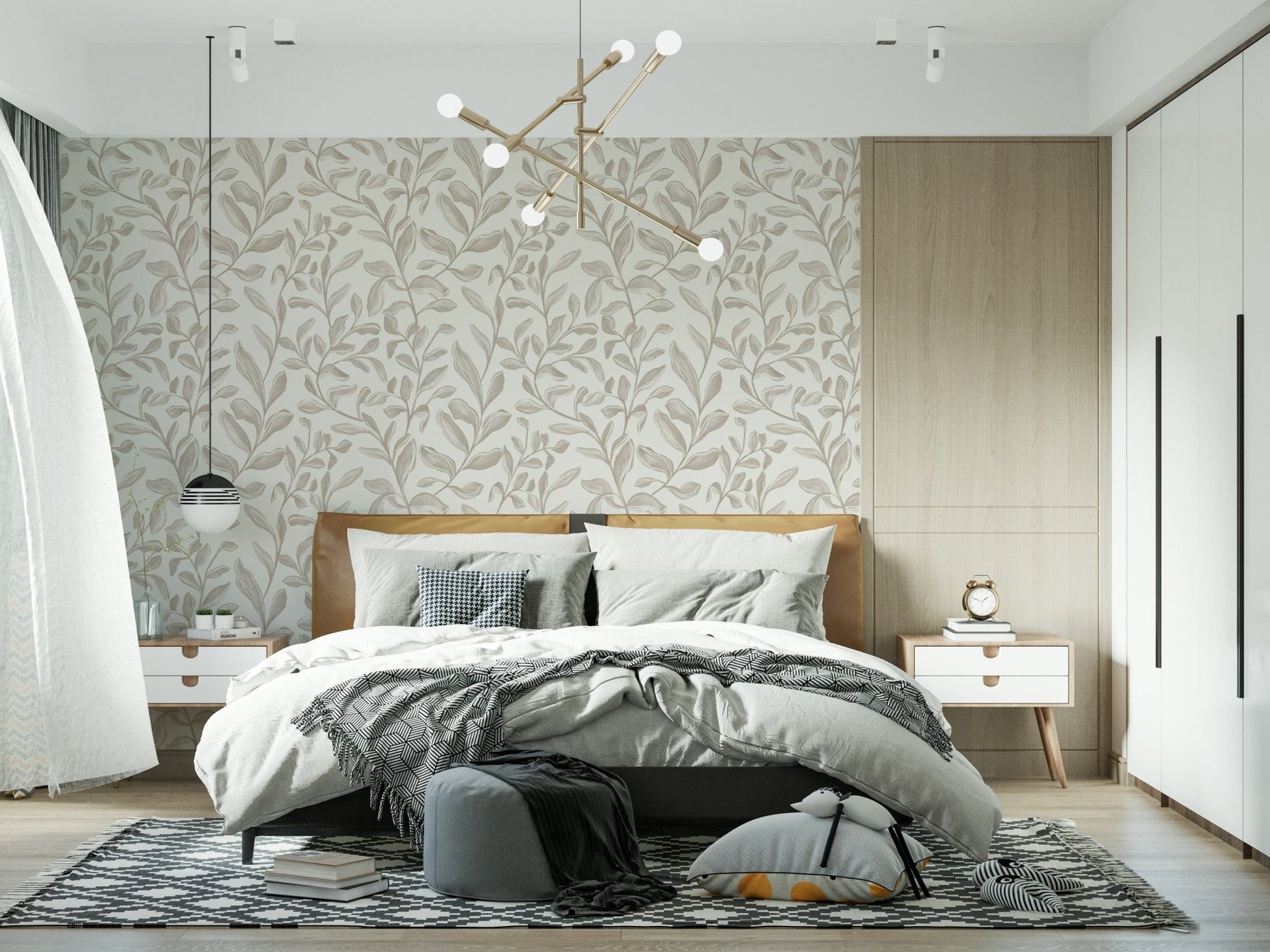 Organic Watercolor Leaves temporary wallpaper mural for bedrooms.