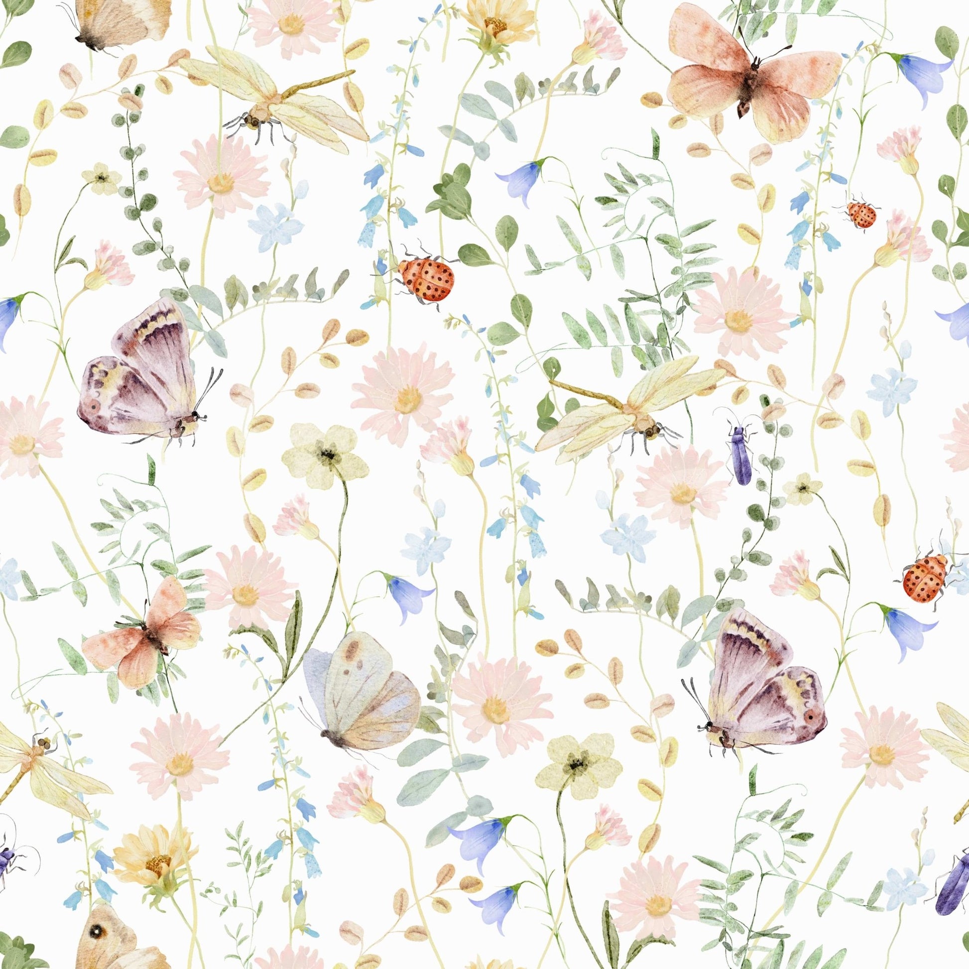 Soft, rustic wallpaper for walls texture with floating insects and lovely spring blossoms pattern.