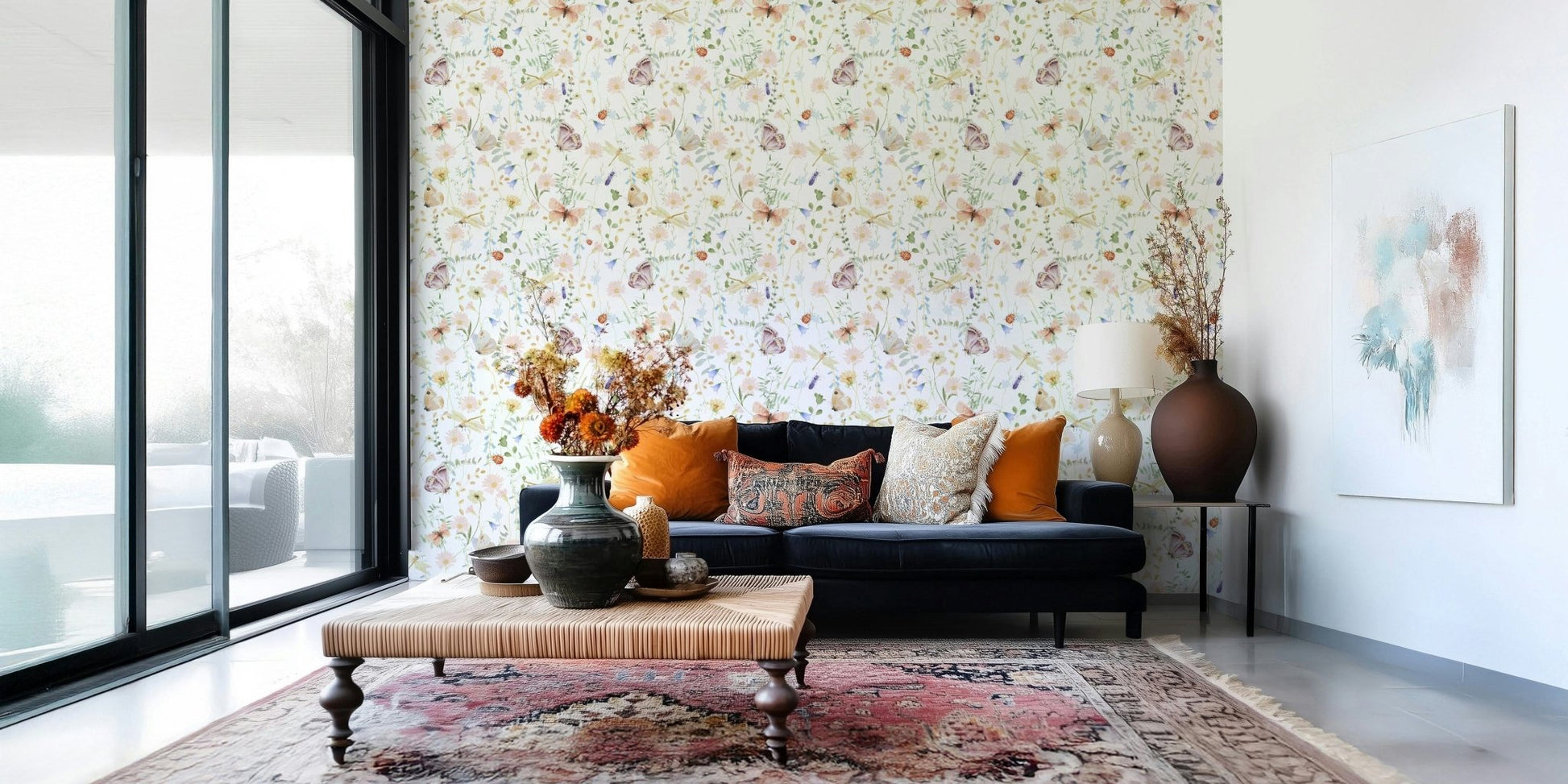 Ethereal butterfly wallpaper for walls showcasing pale pink daisies and bluebells.