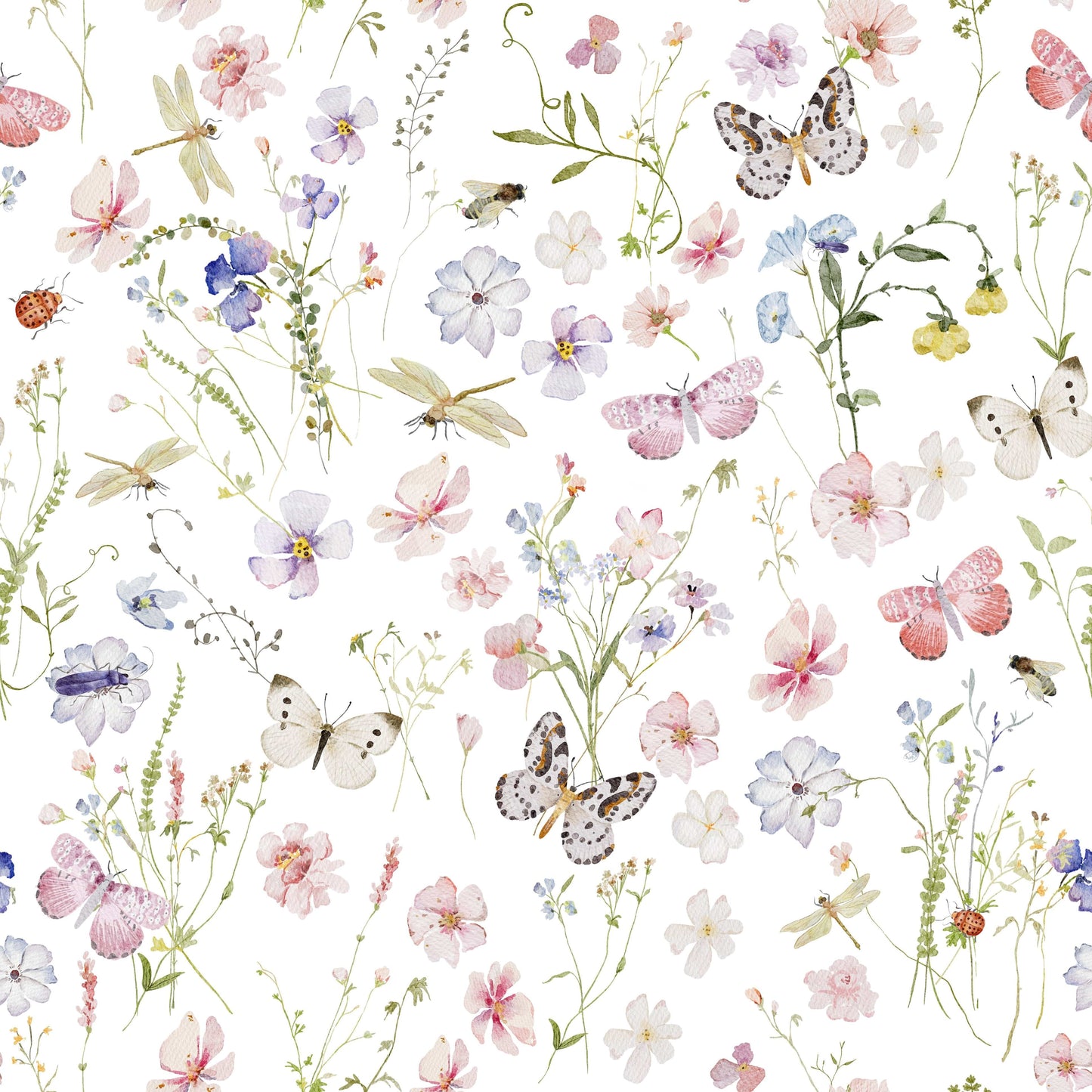 Lovely nursery mural: Wildflowers Meadow with detailed watercolor butterflies and blooms.
