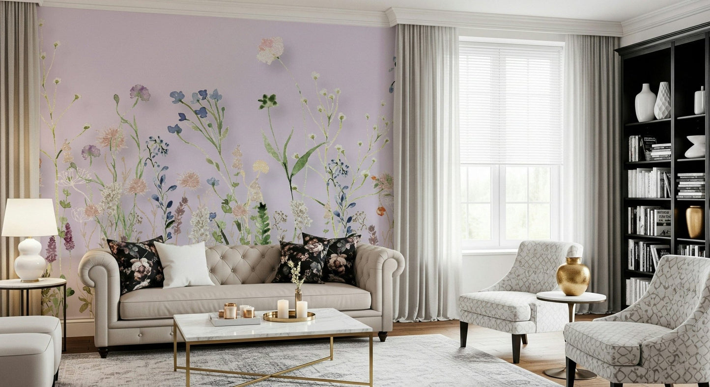 A peaceful wallpaper featuring wild blooms and greenery painted in a soft, textured watercolor style.