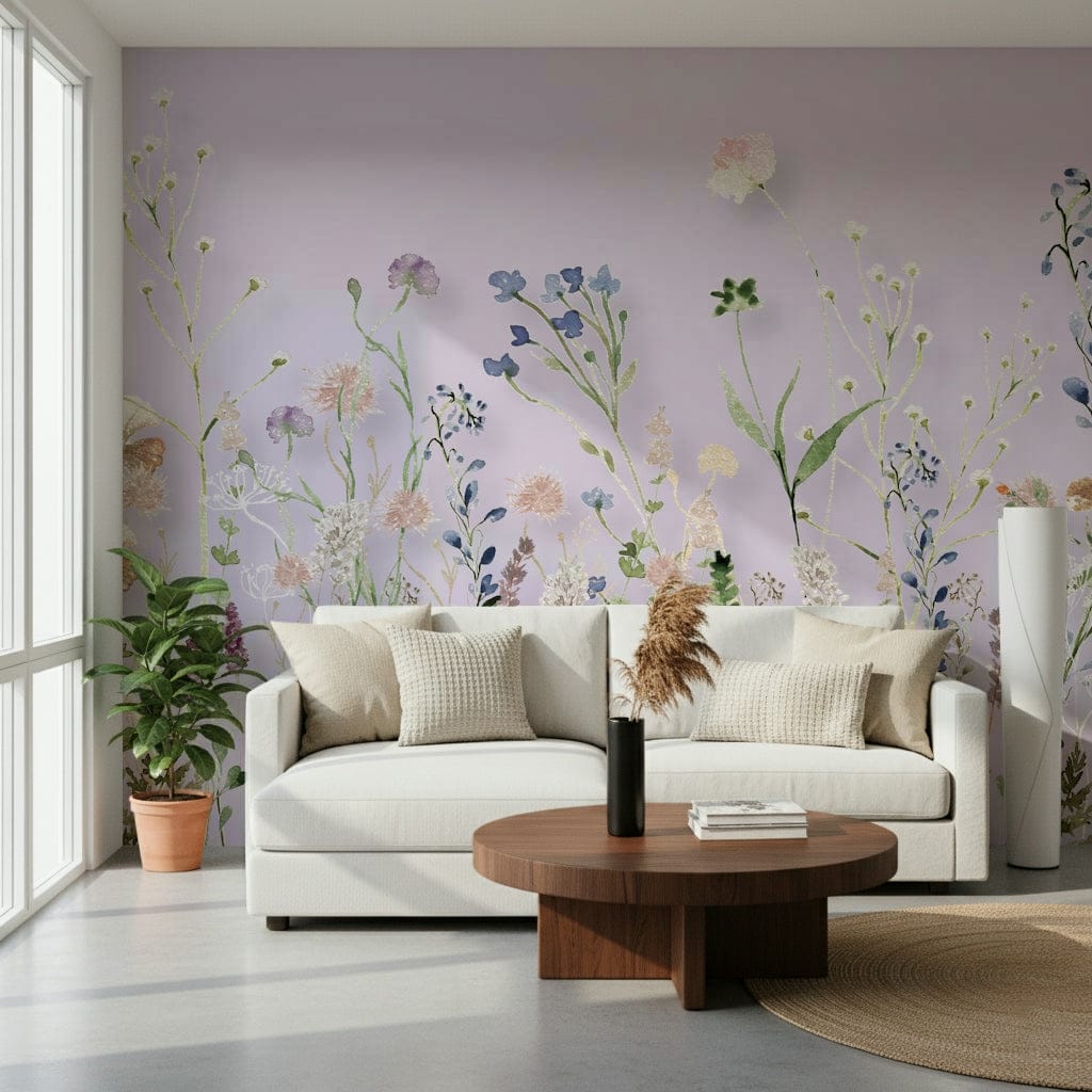 A meadow-inspired wallpaper with delicate wildflowers standing tall on a muted green canvas.