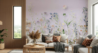 A botanical wallpaper with delicate wildflowers painted in pastel tones against a calm sage backdrop.