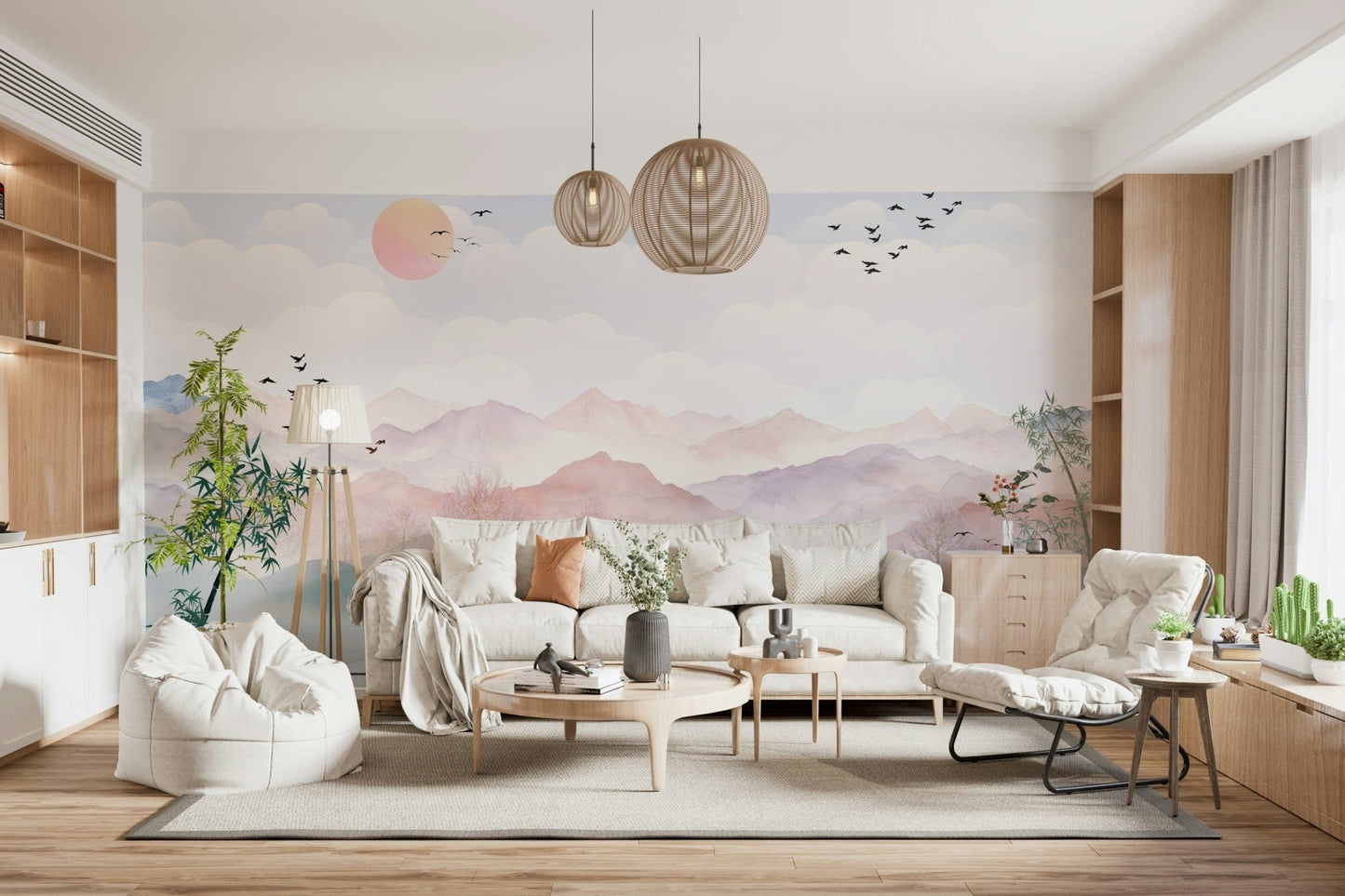 Cool blue landscape wallpaper for a modern home office.