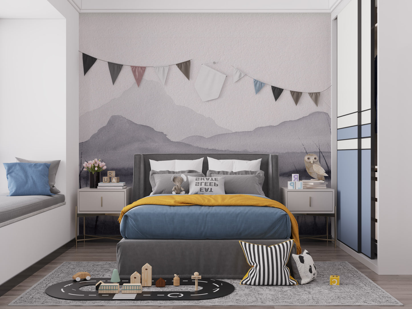 Watercolor mountain scenery wallpaper for calming interiors.