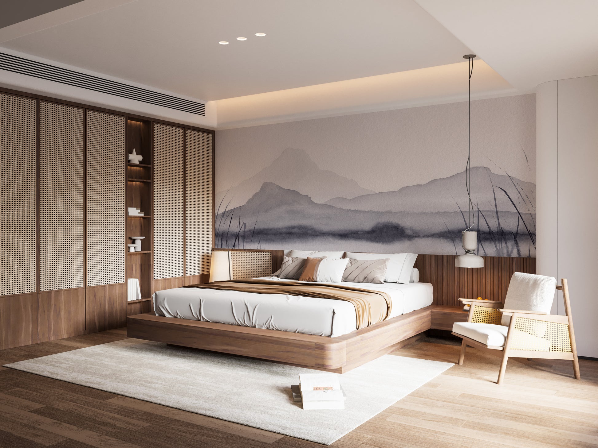 Hand-painted mountain scenery wallpaper in gray tones.