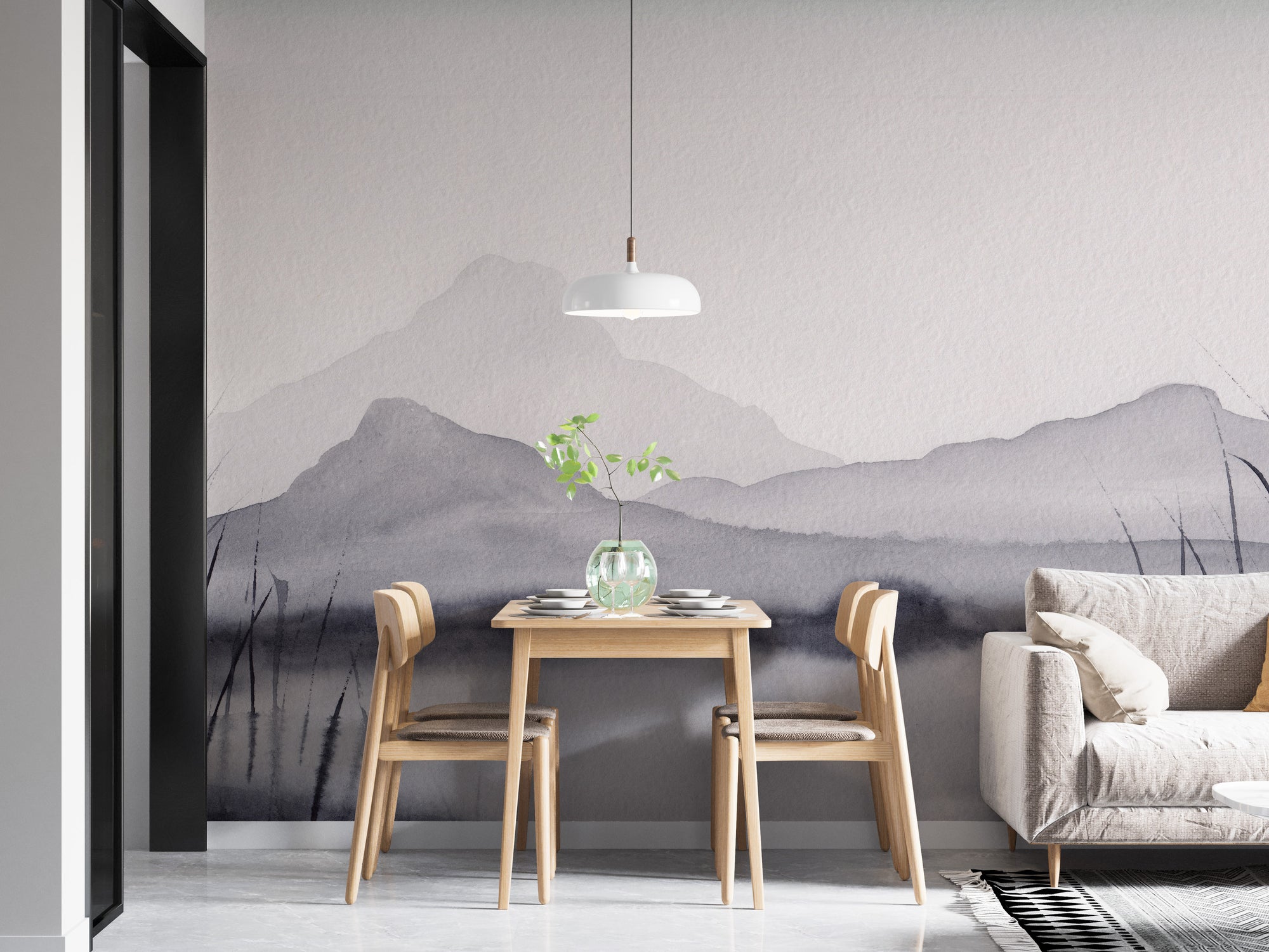 Monochrome mountain scene wallpaper with watercolor effect.