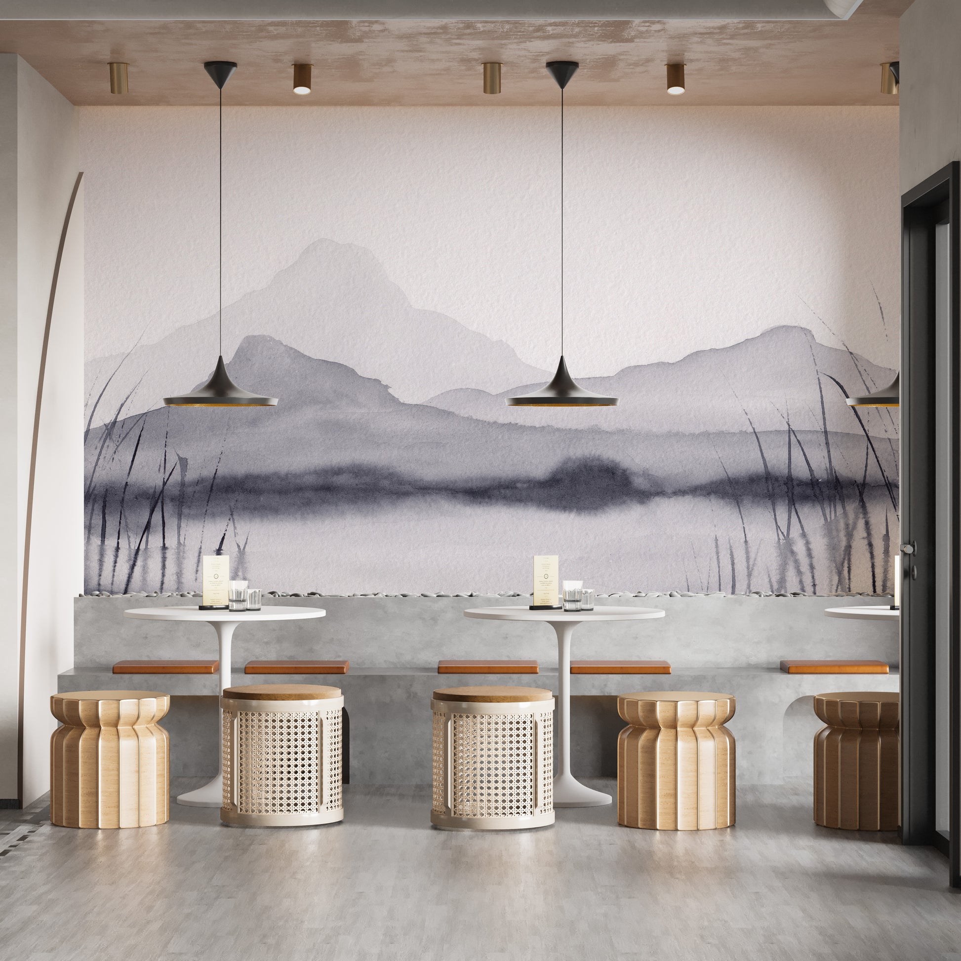 Watercolor mountain painting wallpaper in minimalist style.