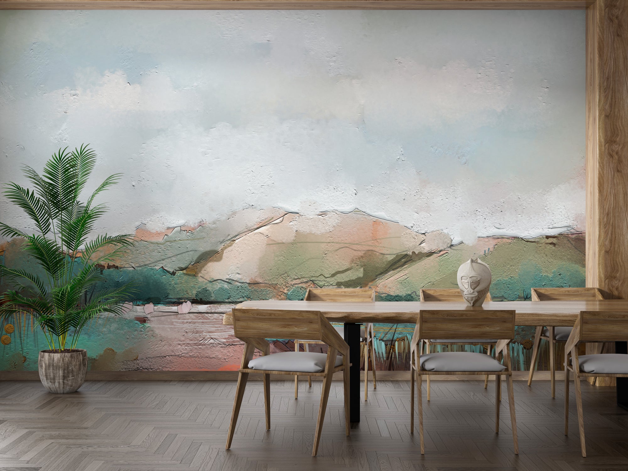 Watercolor Mountain wallpaper mural shown as a full feature wall that highlights the design