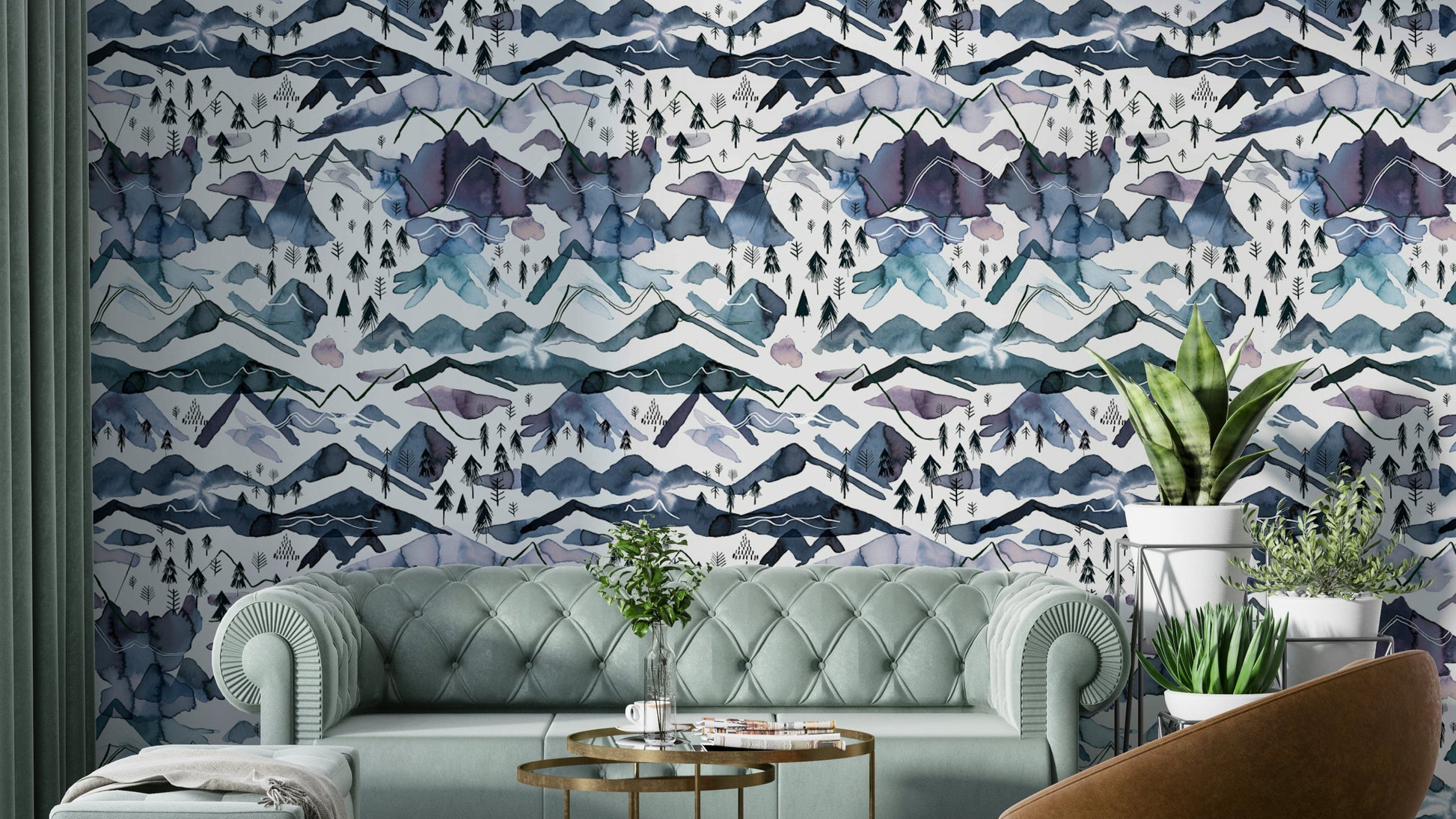 Watercolor Mountains Landscape Wallpaper in blue and mauve hues.

