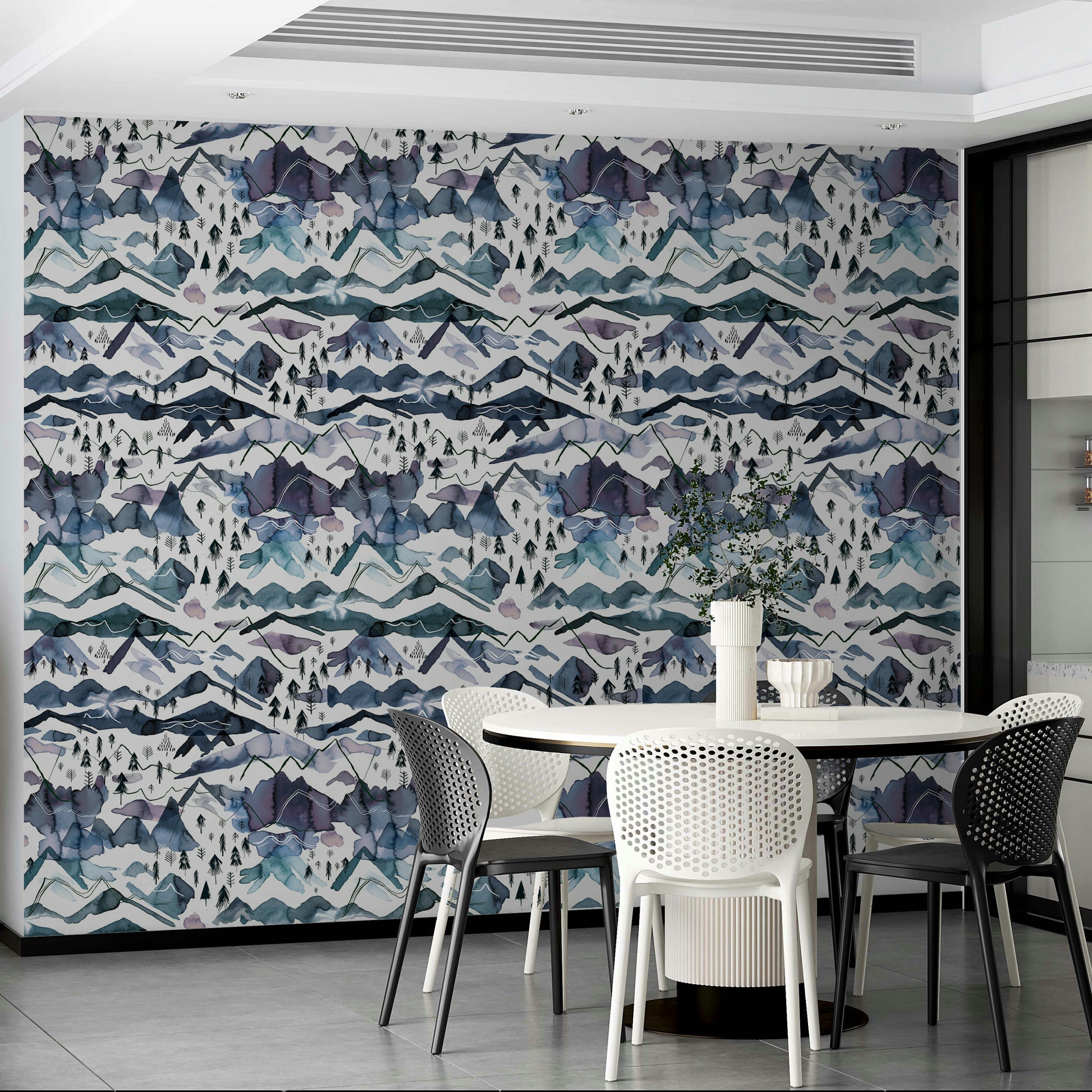 Blue and mauve mountain mural with a serene landscape view.

