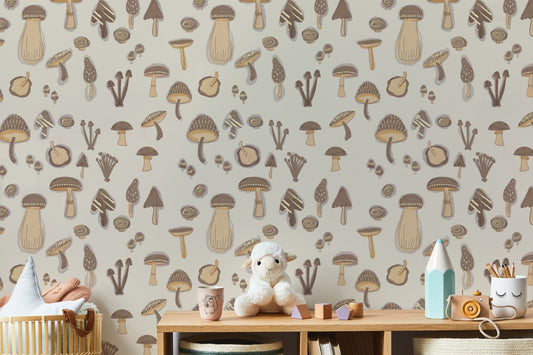 Watercolor Mushrooms Sand Color Wallpaper design