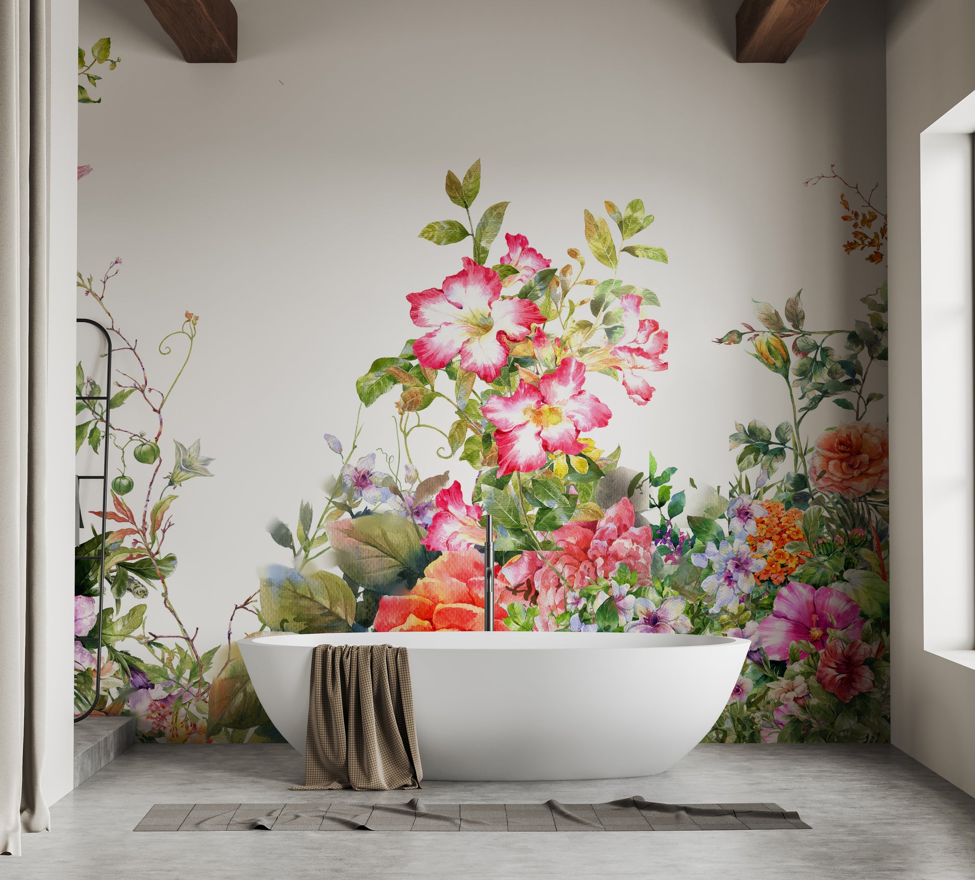 Watercolor flower mural with vibrant leaves and blooms.