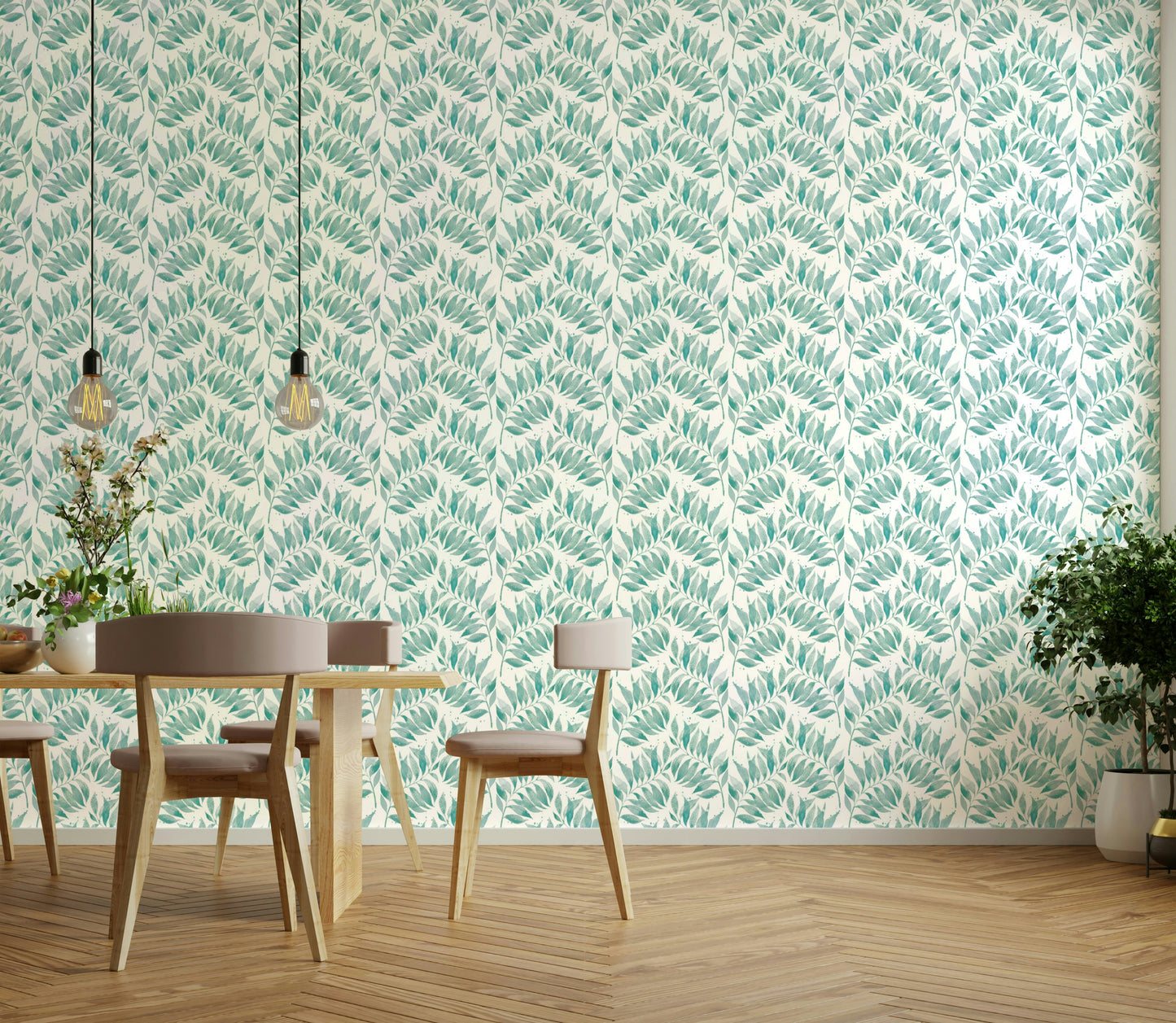 Soft aqua wallpaper featuring leafy design

