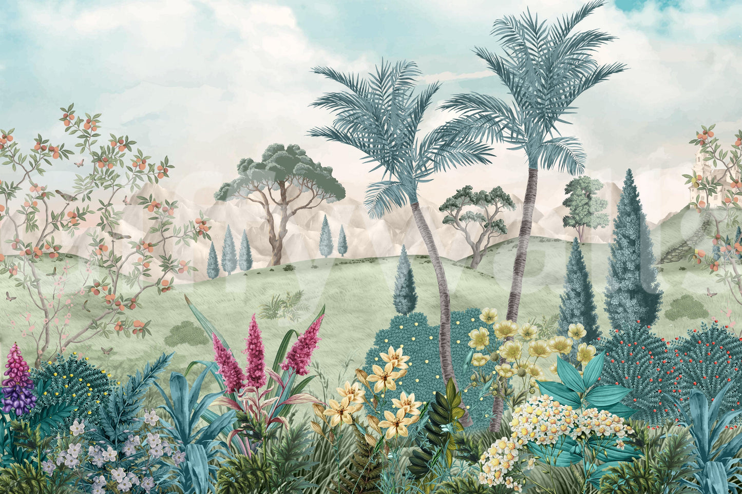 The style is a soft-focus illustration or a painterly design.

