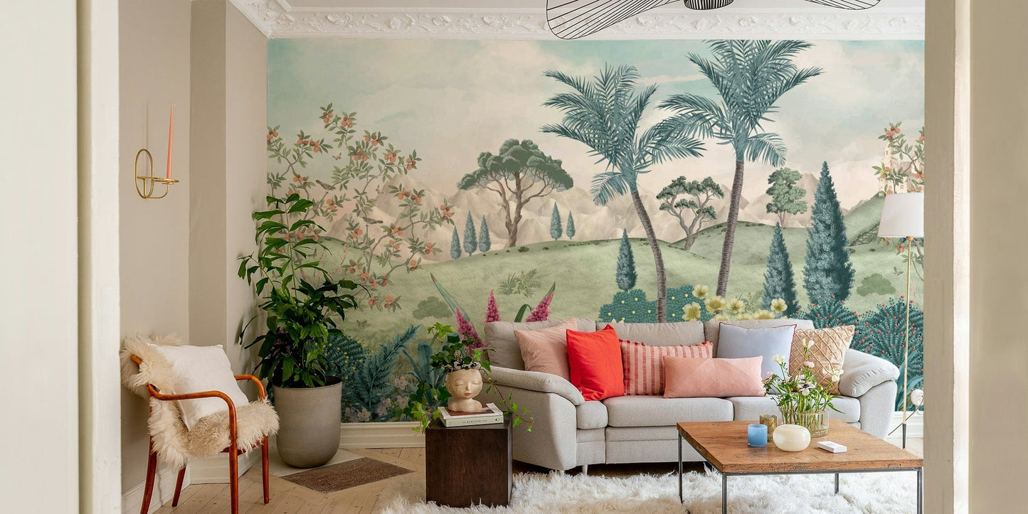 The colors are gentle and lush, with a natural, green and beige palette.

