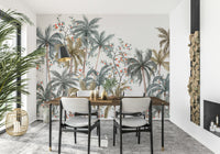 Watercolor Palms Wall Mural in a modern living room with a tan leather sofa.
