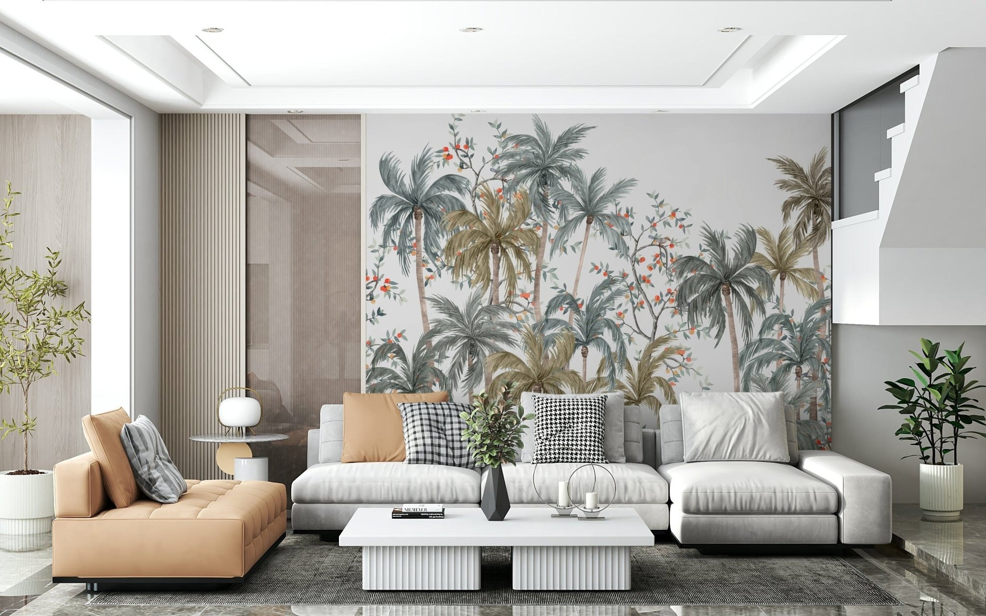 Soft green botanical wall decor for a contemporary dining area.