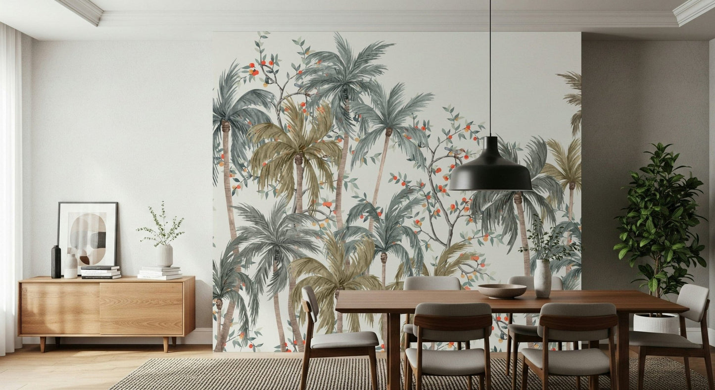 Watercolor Palms Wall Mural installed as a feature wall in a guest suite.
