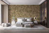 Floral wallpaper with watercolor pink blooms and green foliage
