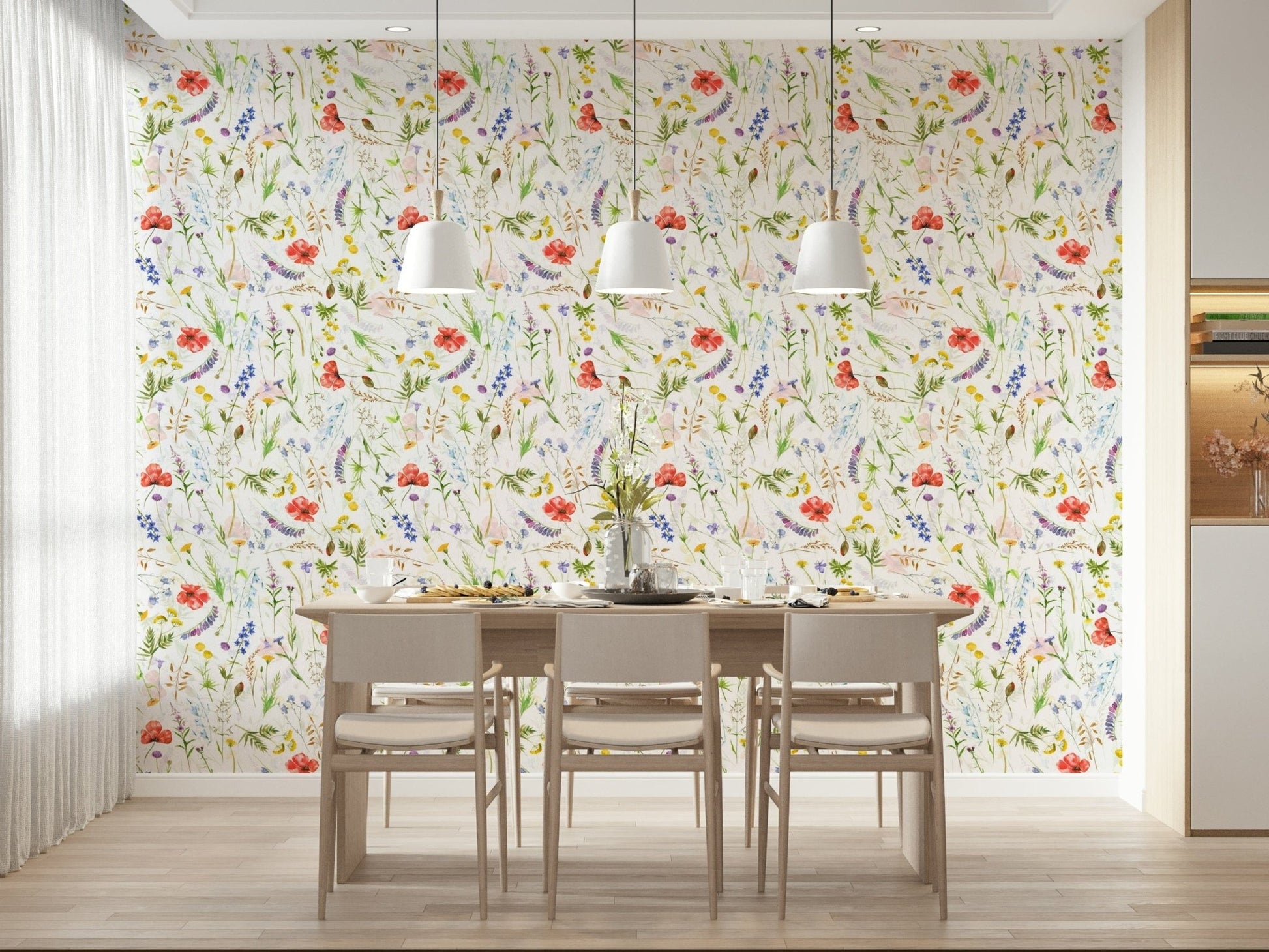 Hand-painted meadow wall mural poppies bluebells dandelions interior.