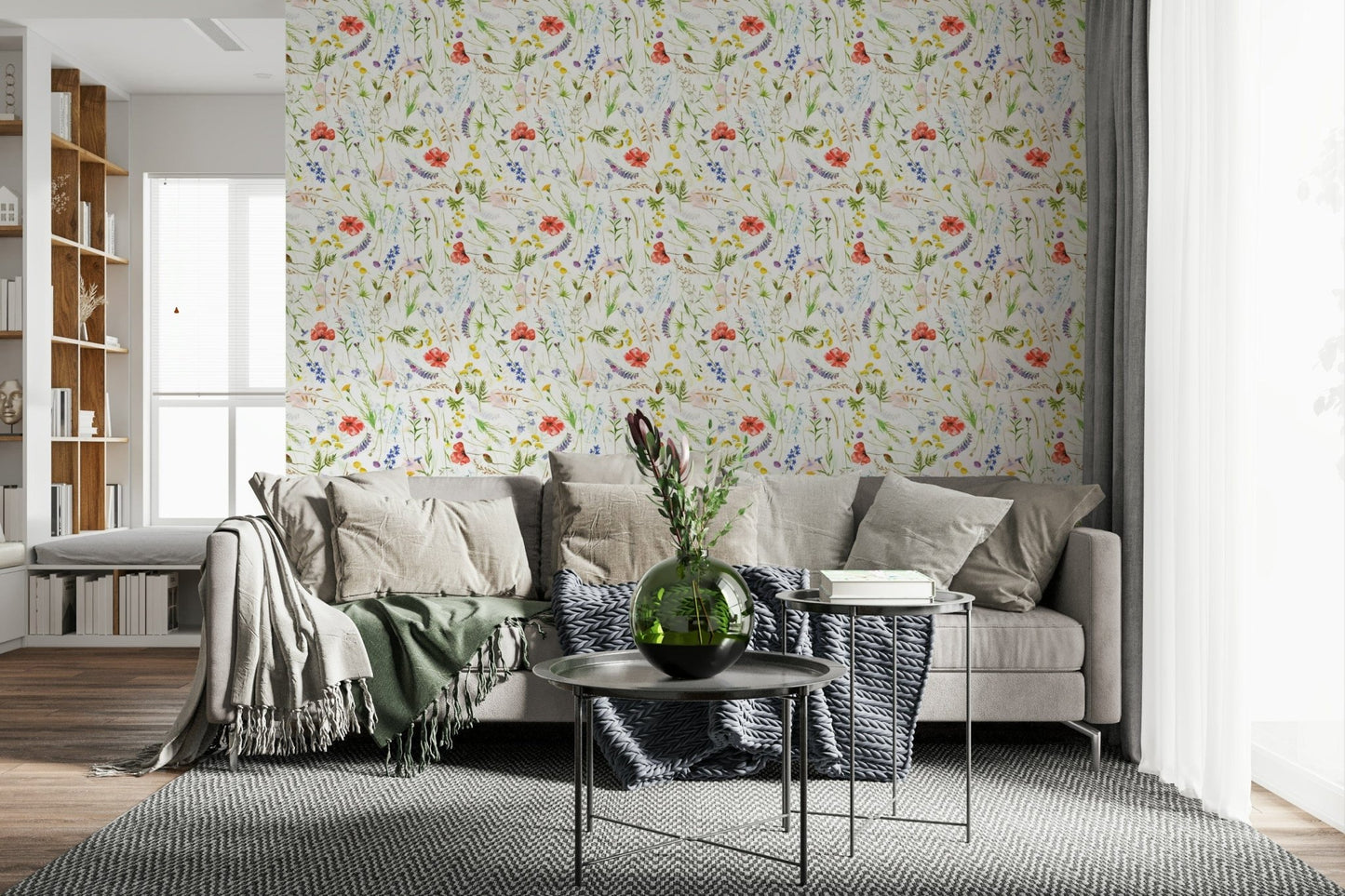 Wildflower peel and stick wallpaper cheerful home design Watercolor Poppies Meadow.