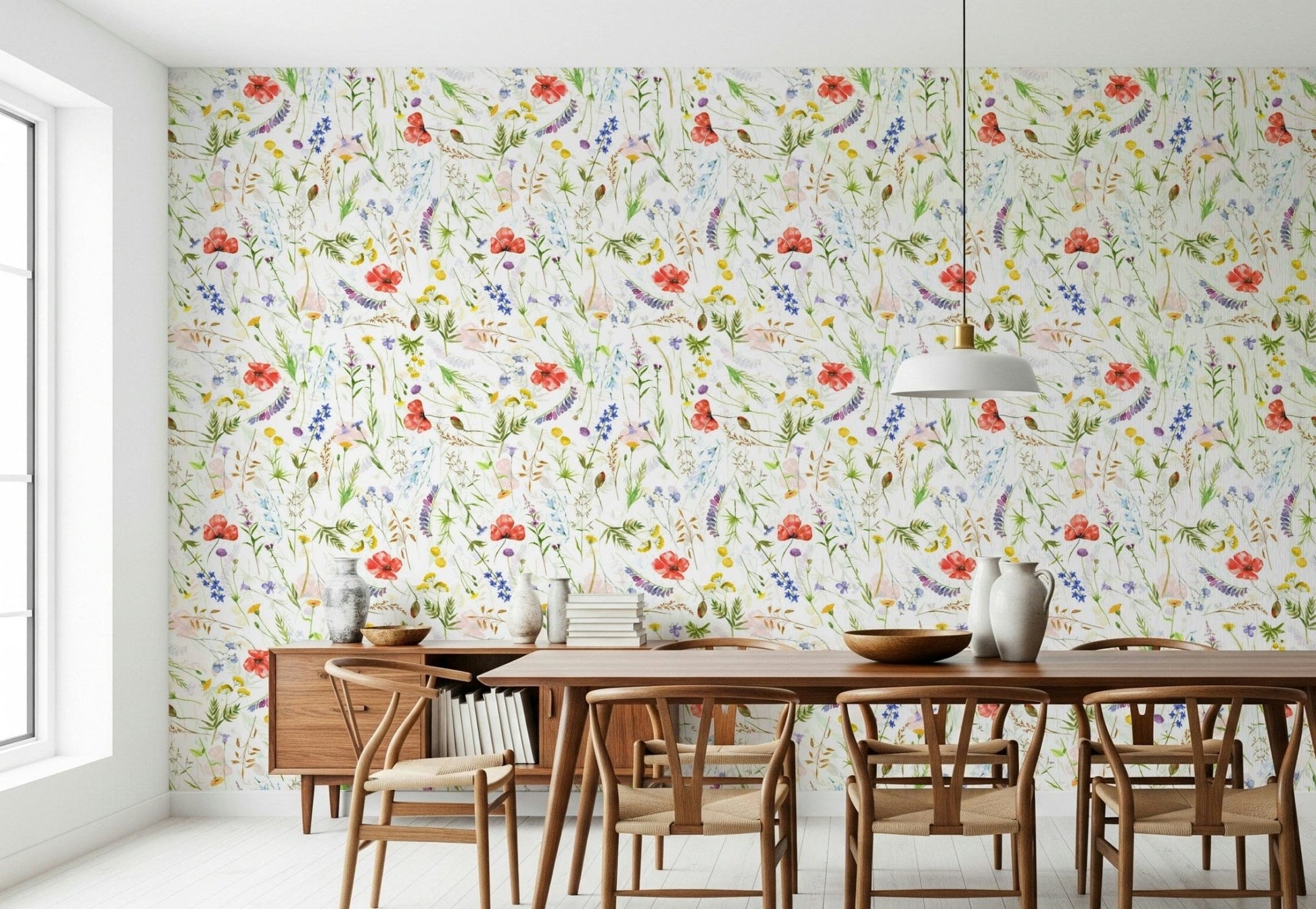 Watercolor Poppies Meadow wall mural red yellow purple bloom accent.