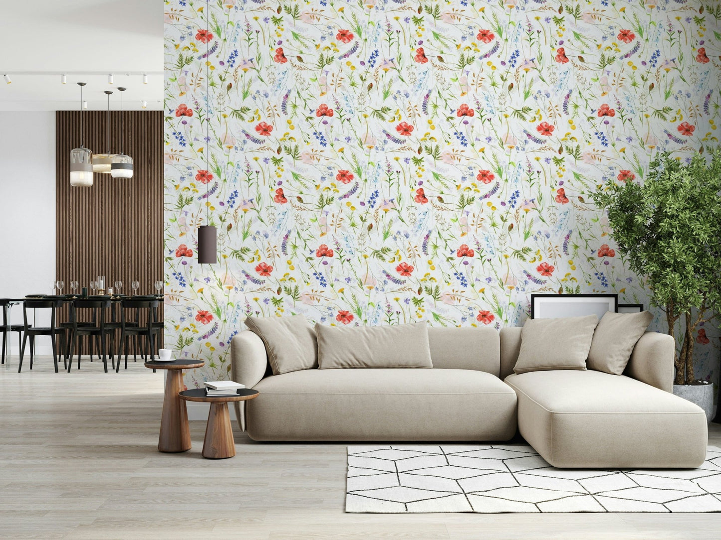 Bright field flowers wallpaper for walls natural beauty Watercolor Poppies Meadow.