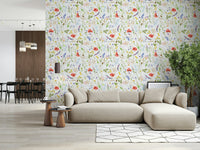 Bright field flowers wallpaper for walls natural beauty Watercolor Poppies Meadow.
