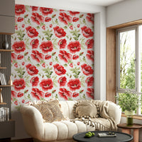 Light floral wallpaper with coral and pink poppies on a soft backdrop.

