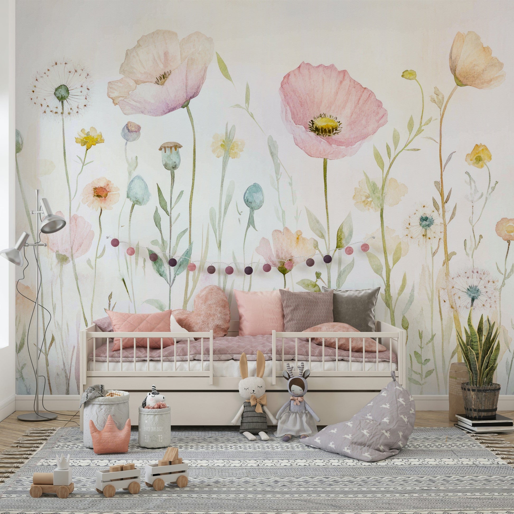 The scene includes colorful poppies and wildflowers.

