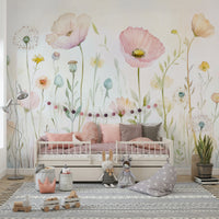 The scene includes colorful poppies and wildflowers.

