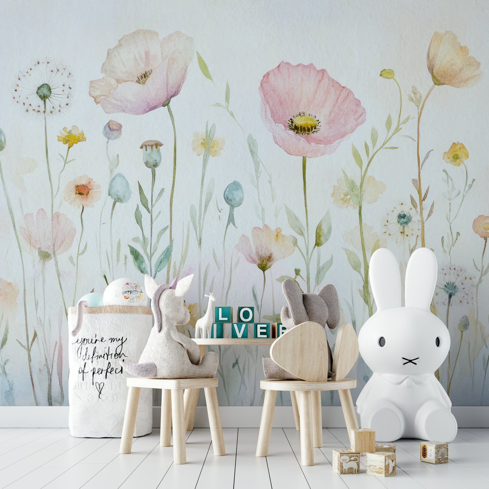 A wall covering with a whimsical and peaceful style.

