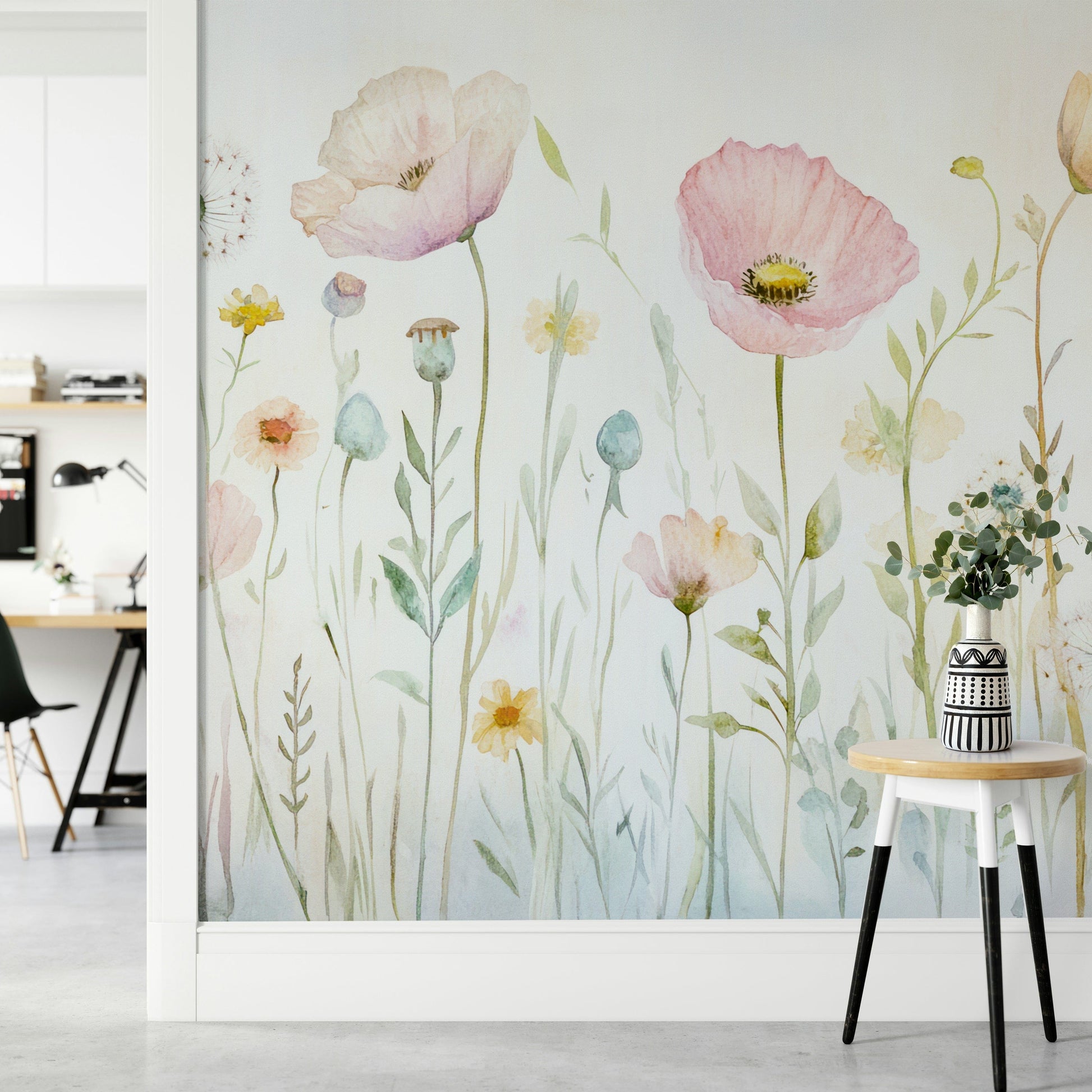 The mural shows a hand-painted floral scene.

