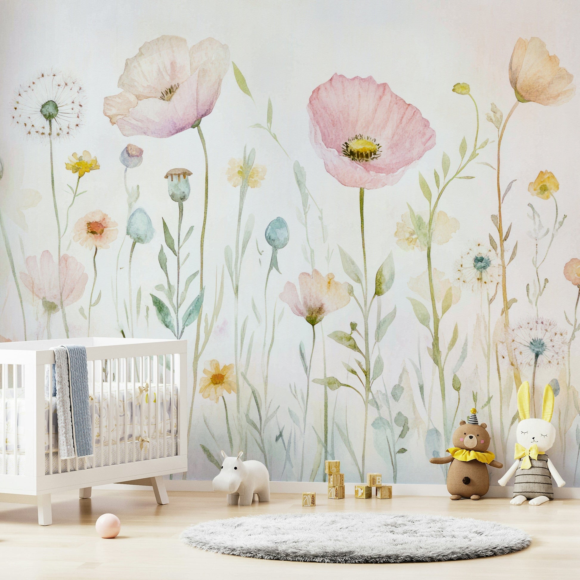 Wall mural with a watercolor wildflower meadow.

