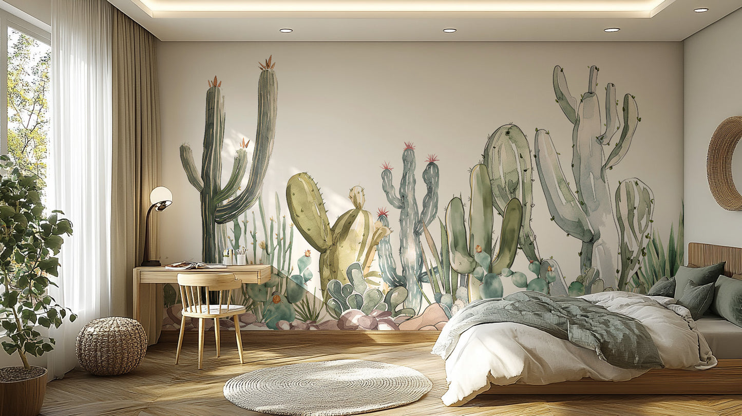 Watercolor depiction of prickle desert cacti
