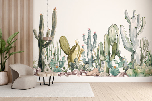 Soft watercolor cactus against a desert landscape
