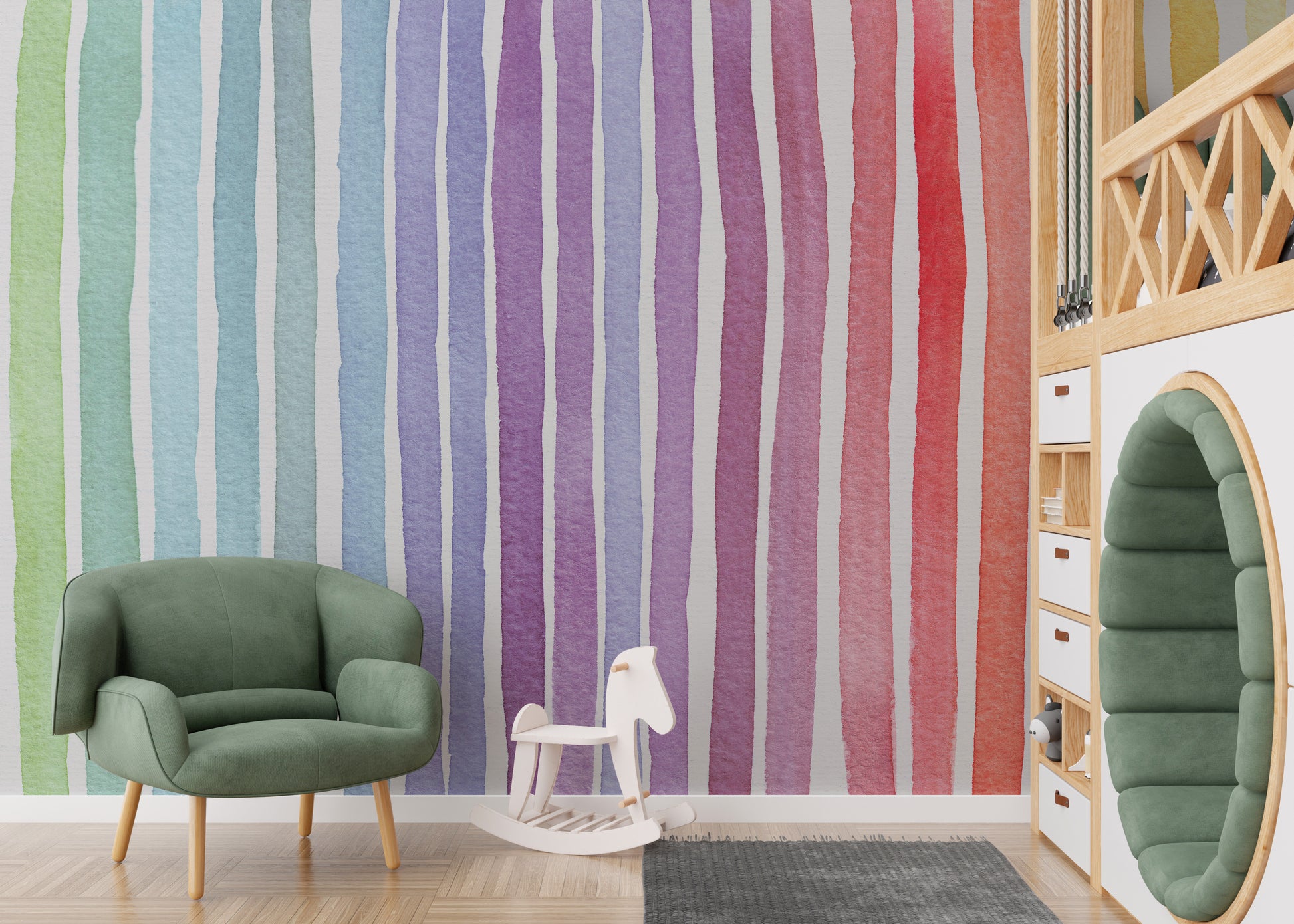 Watercolor Rainbow Striped wallpaper mural with soft rainbow stripes behind a kids play table and toy kitchen in a playroom