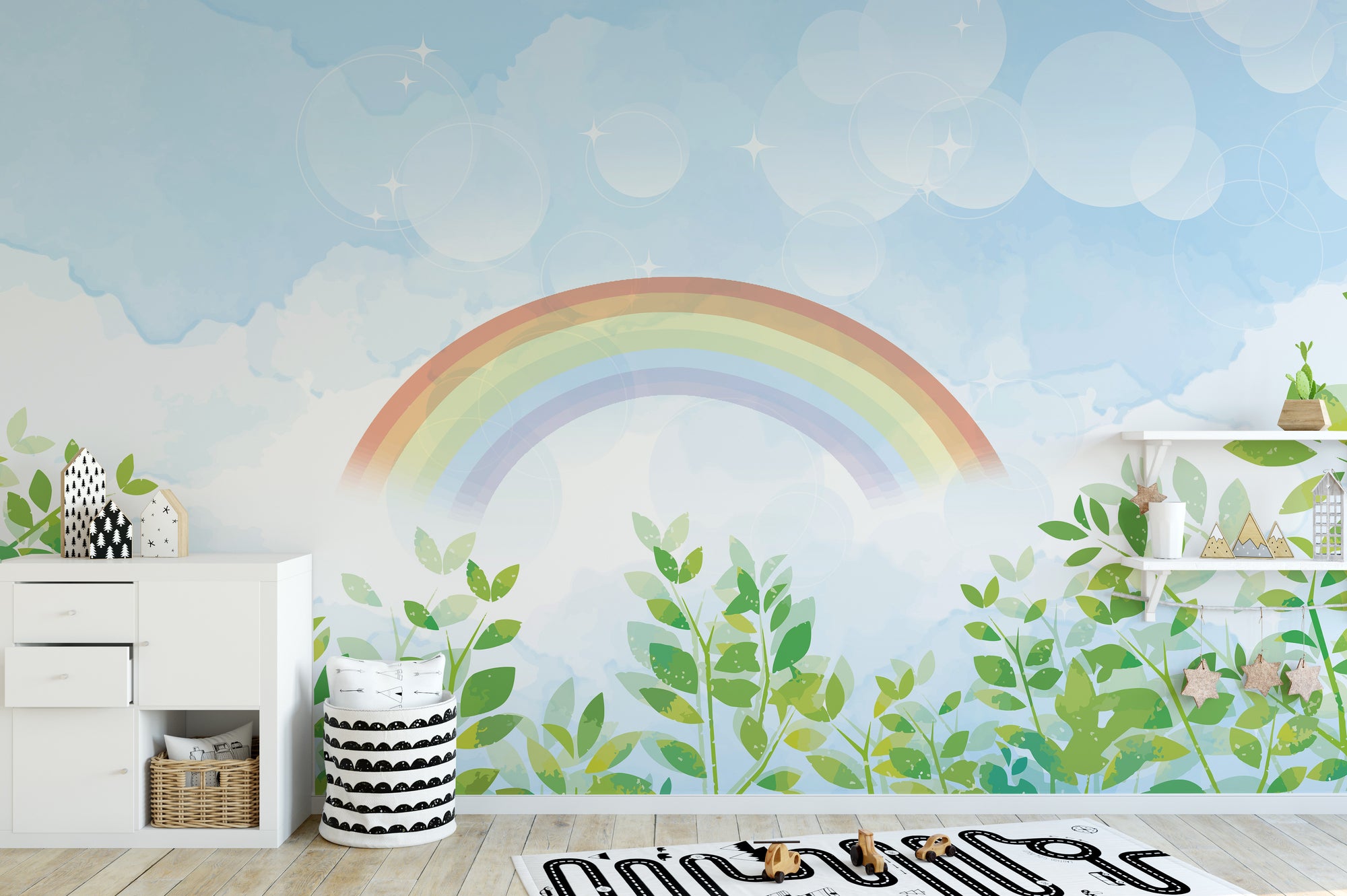 Blue & Green Watercolor Rainbow Kids wallpaper mural shown as a full feature wall that highlights the design