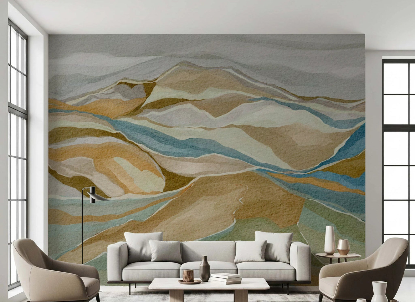 Watercolor Ridge View Wall Mural for living room with muted teal and ochre hills