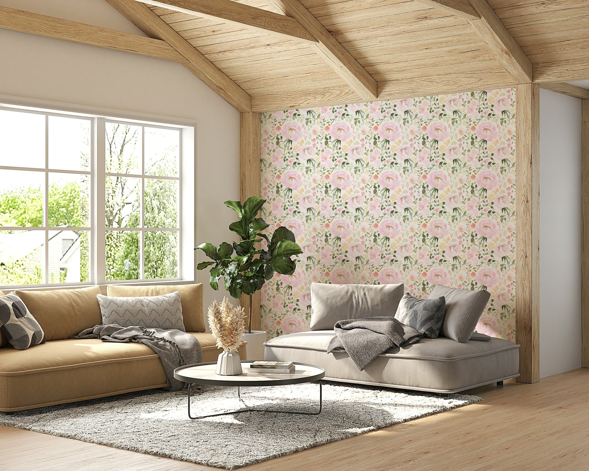An artistic flower pattern mural on minimalist wallpaper.

