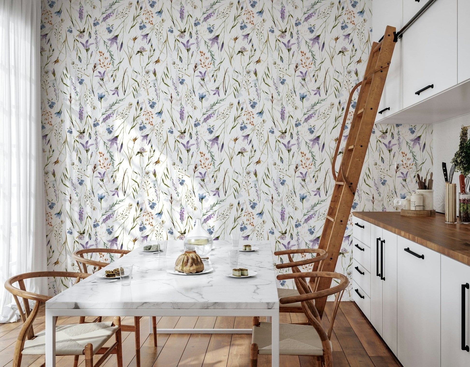 Watercolor Spring Wildflower Meadow, delicate blue and purple floral wall mural.