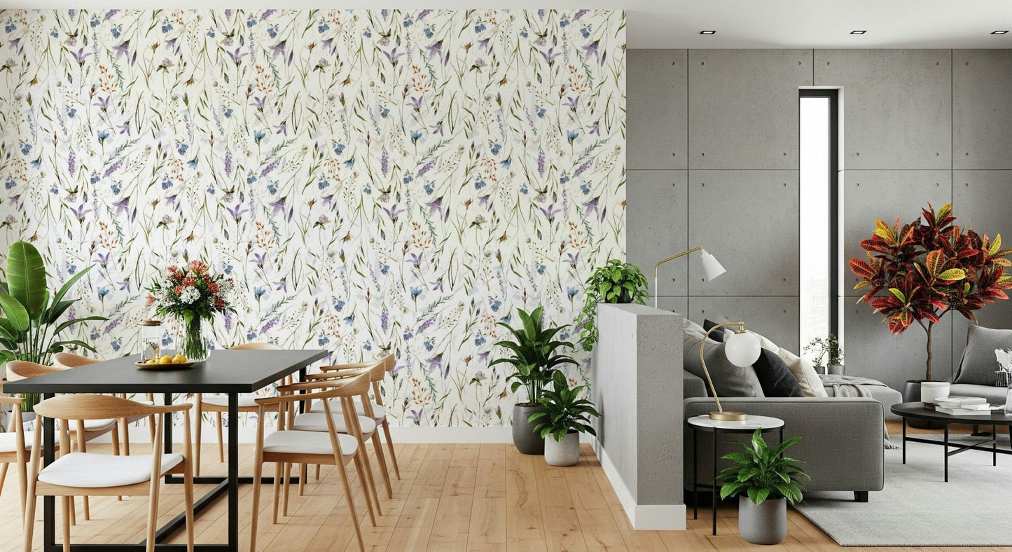 Soft botanical wallpaper featuring a Watercolor Spring Wildflower Meadow pattern.