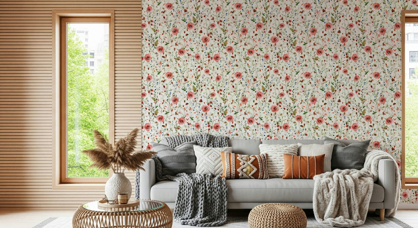 Unique Watercolor Strawberry Flower Meadow kitchen bathroom wall.