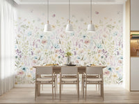 A soft botanical wallpaper decorated with dreamy watercolor flowers and scattered petals.