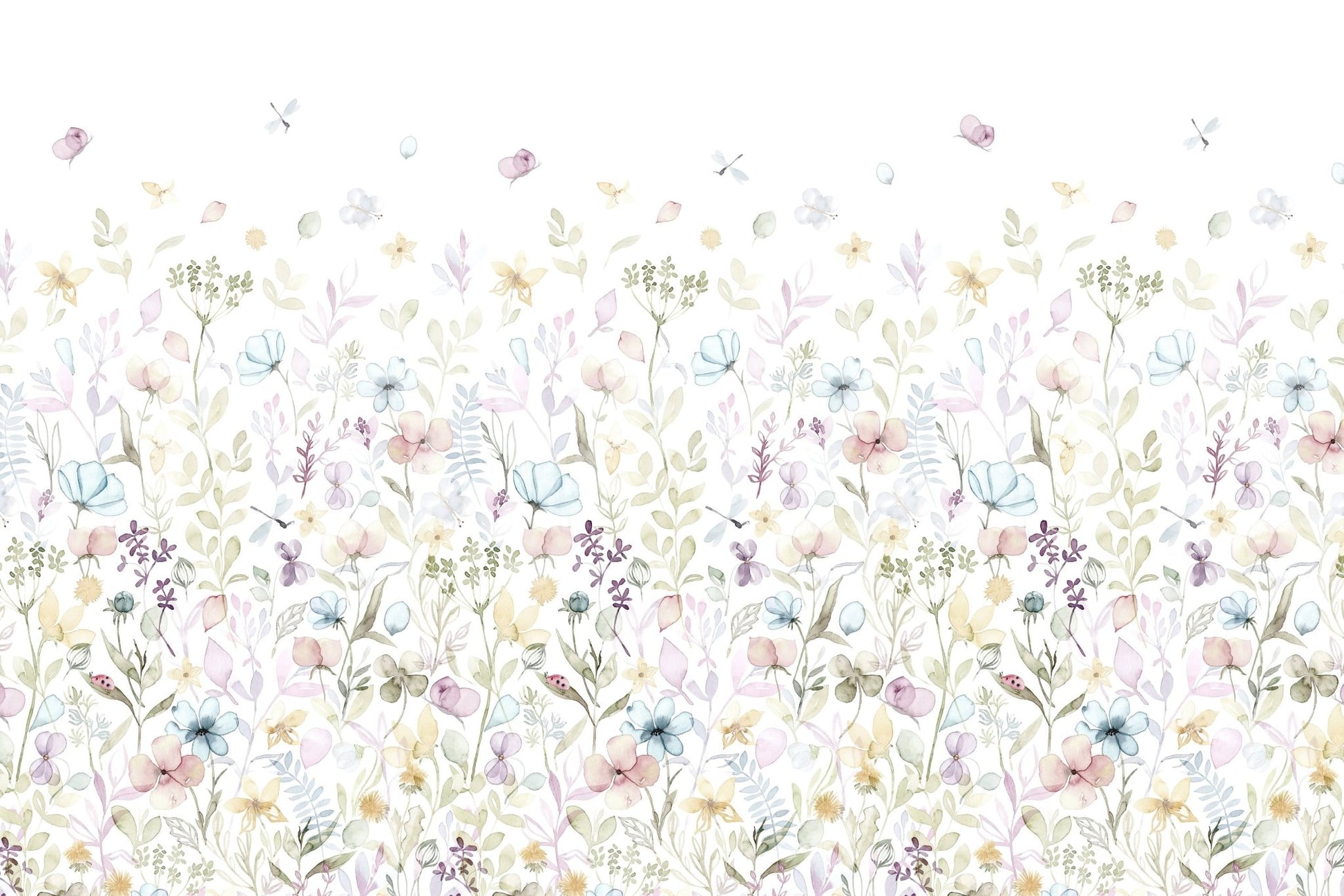 A whimsical wallpaper with scattered watercolor petals and pastel blossoms rising from the bottom.