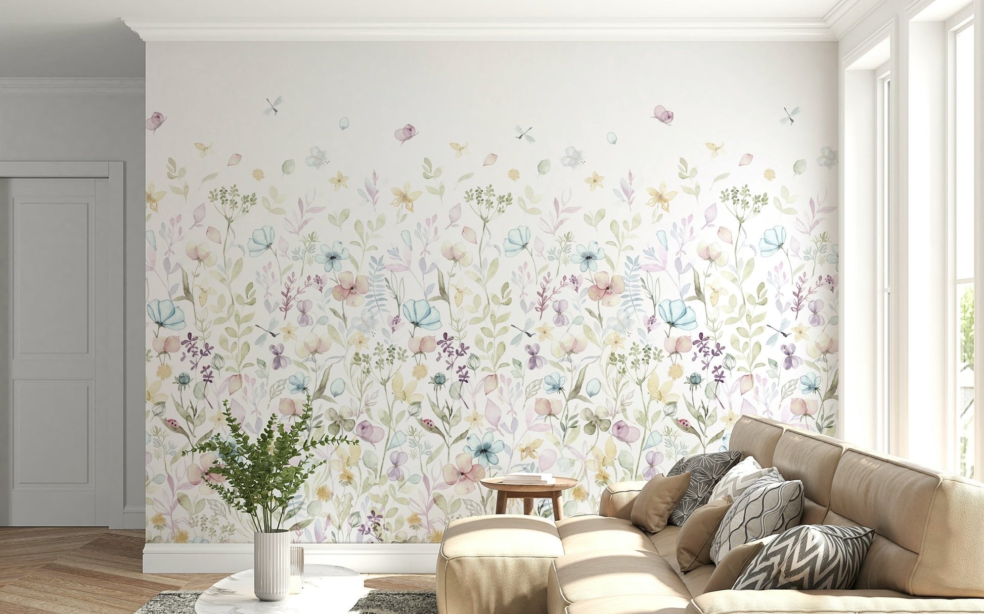 A delicate watercolor floral wallpaper featuring soft pastel blooms and leaves on a white background.