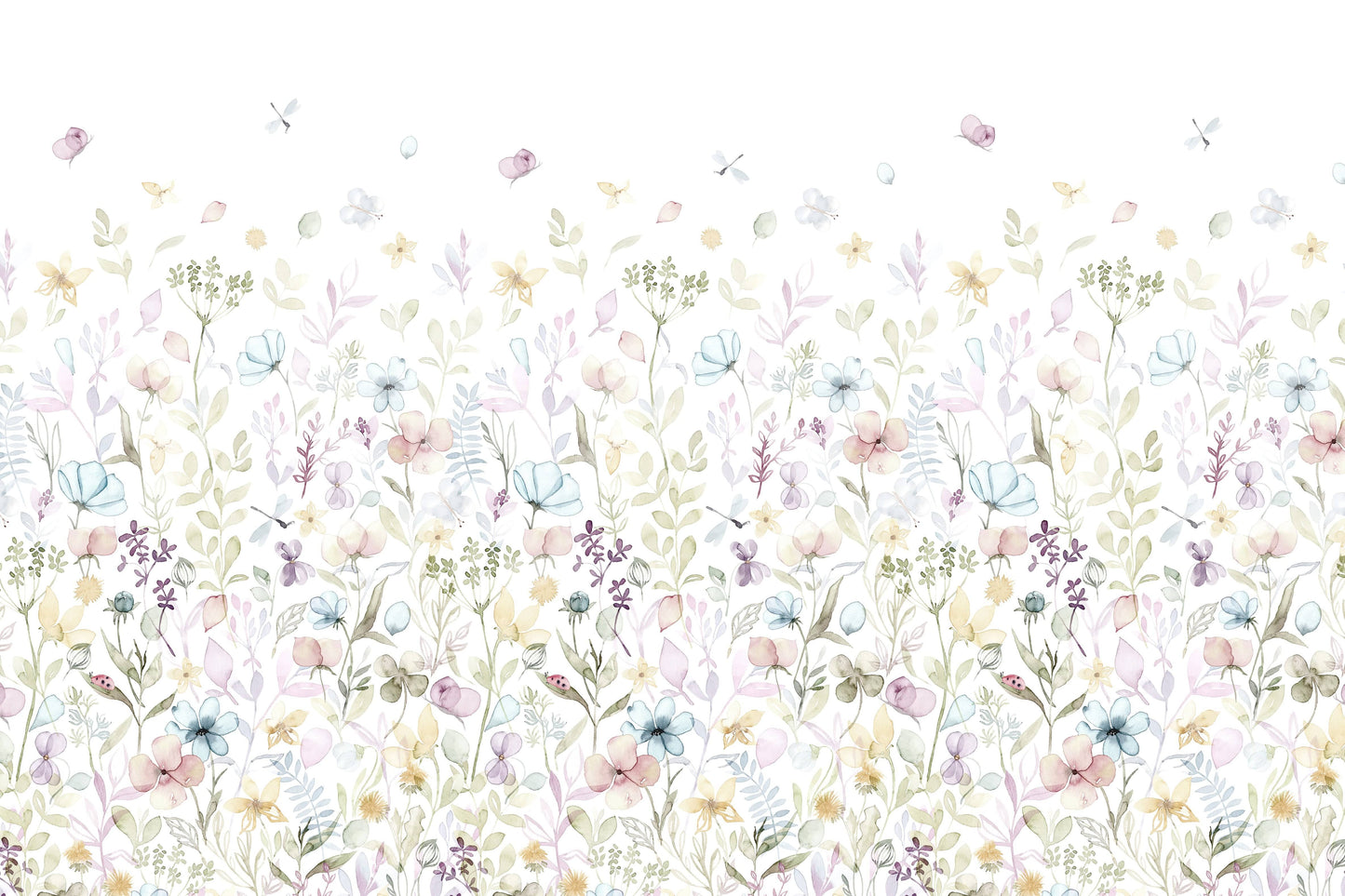 A whimsical wallpaper with scattered watercolor petals and pastel blossoms rising from the bottom.