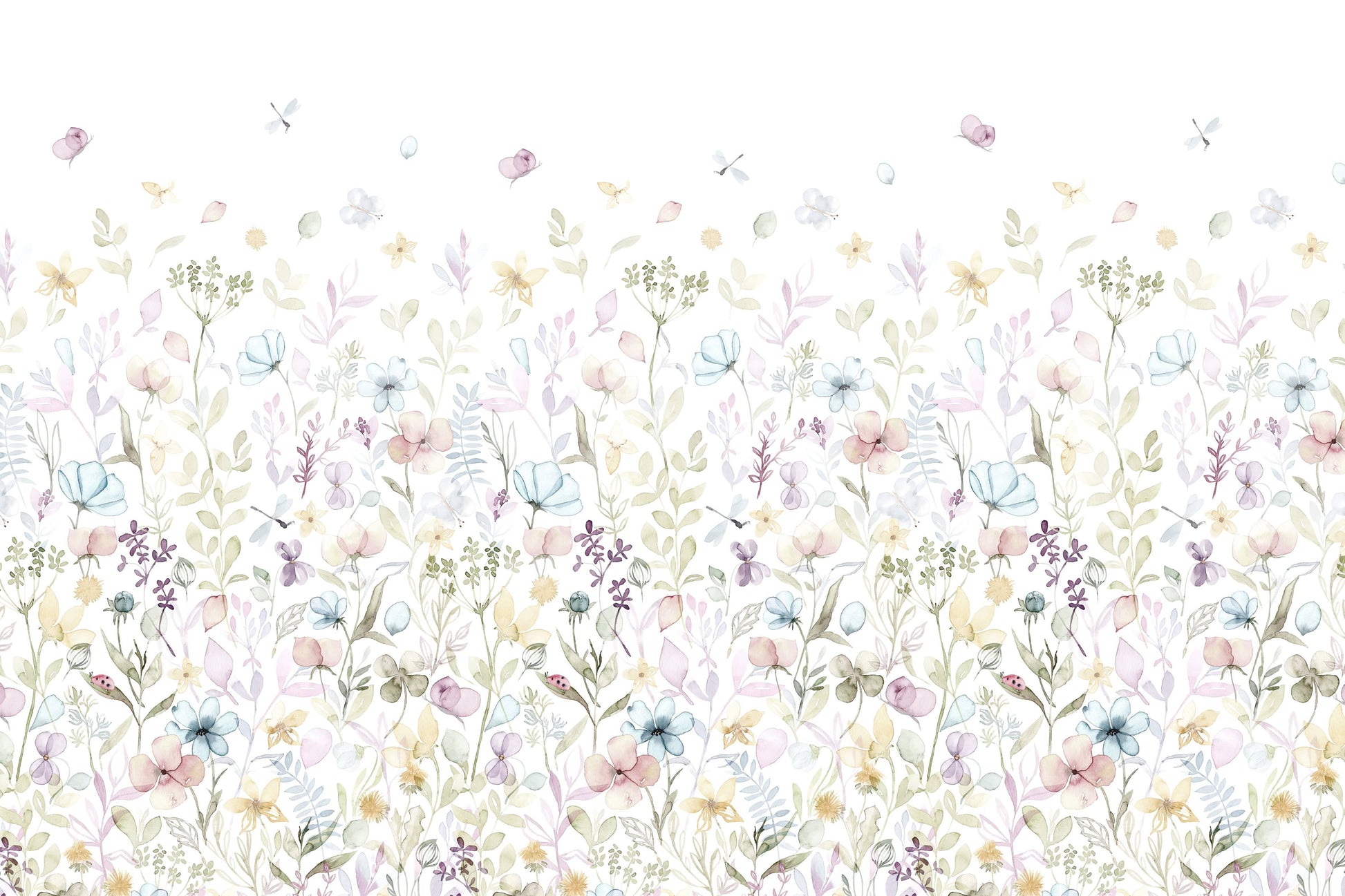 A whimsical wallpaper with scattered watercolor petals and pastel blossoms rising from the bottom.