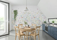 A watercolor wallpaper with delicate flowers and foliage creating a calm, whimsical scene.
